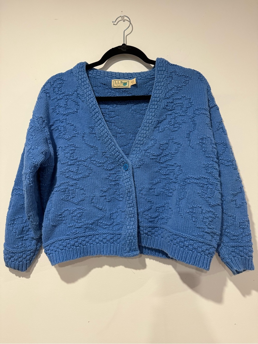 Vintage 90s LL Bean Cardigan Womens S Blue Cotton Textured Floral Made USA